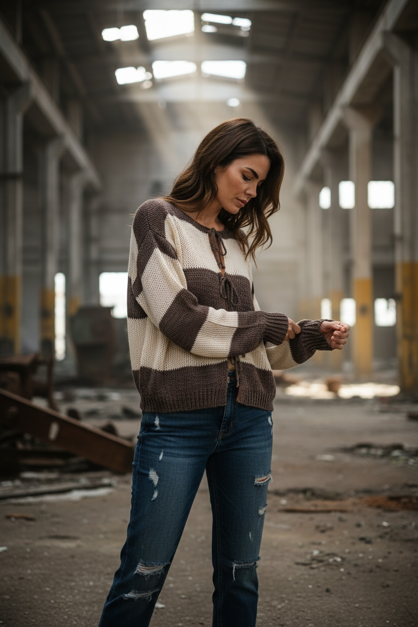 Gestreifter Rundhals Schleifen Cardigan " Lara"