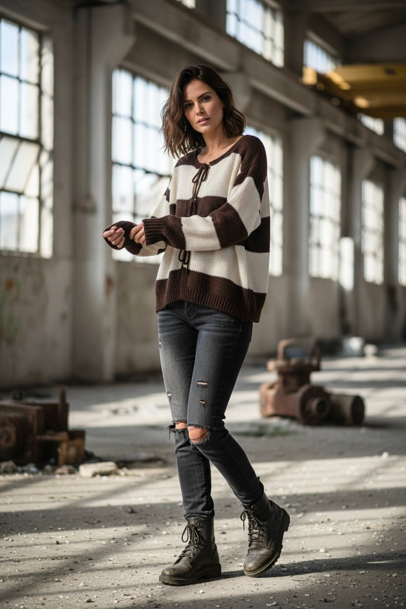 Gestreifter Rundhals Schleifen Cardigan " Lara"