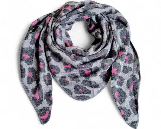 Dreiecks-Schal in Grau & Pink – Modernes Leo-Muster