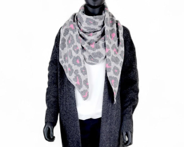 Dreiecks-Schal in Grau & Pink – Modernes Leo-Muster