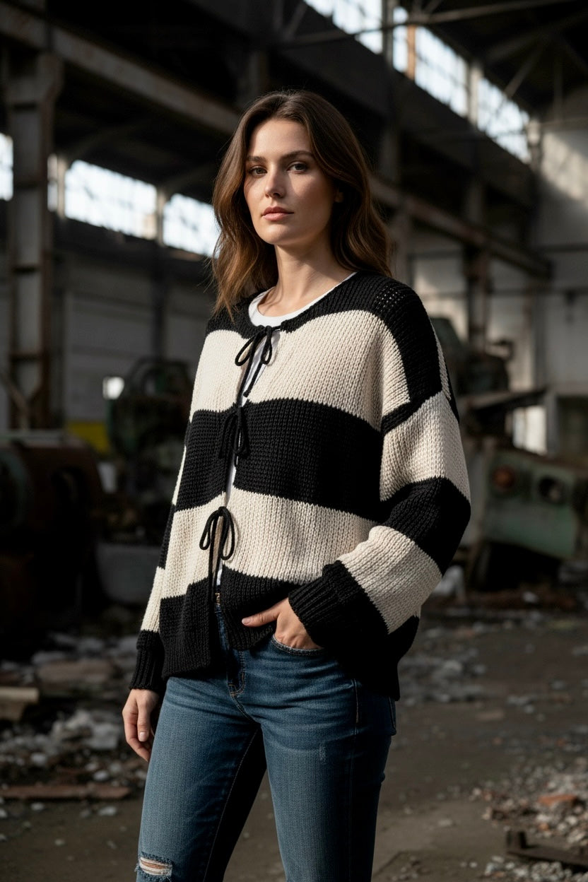 Gestreifter Rundhals Schleifen Cardigan " Lara"