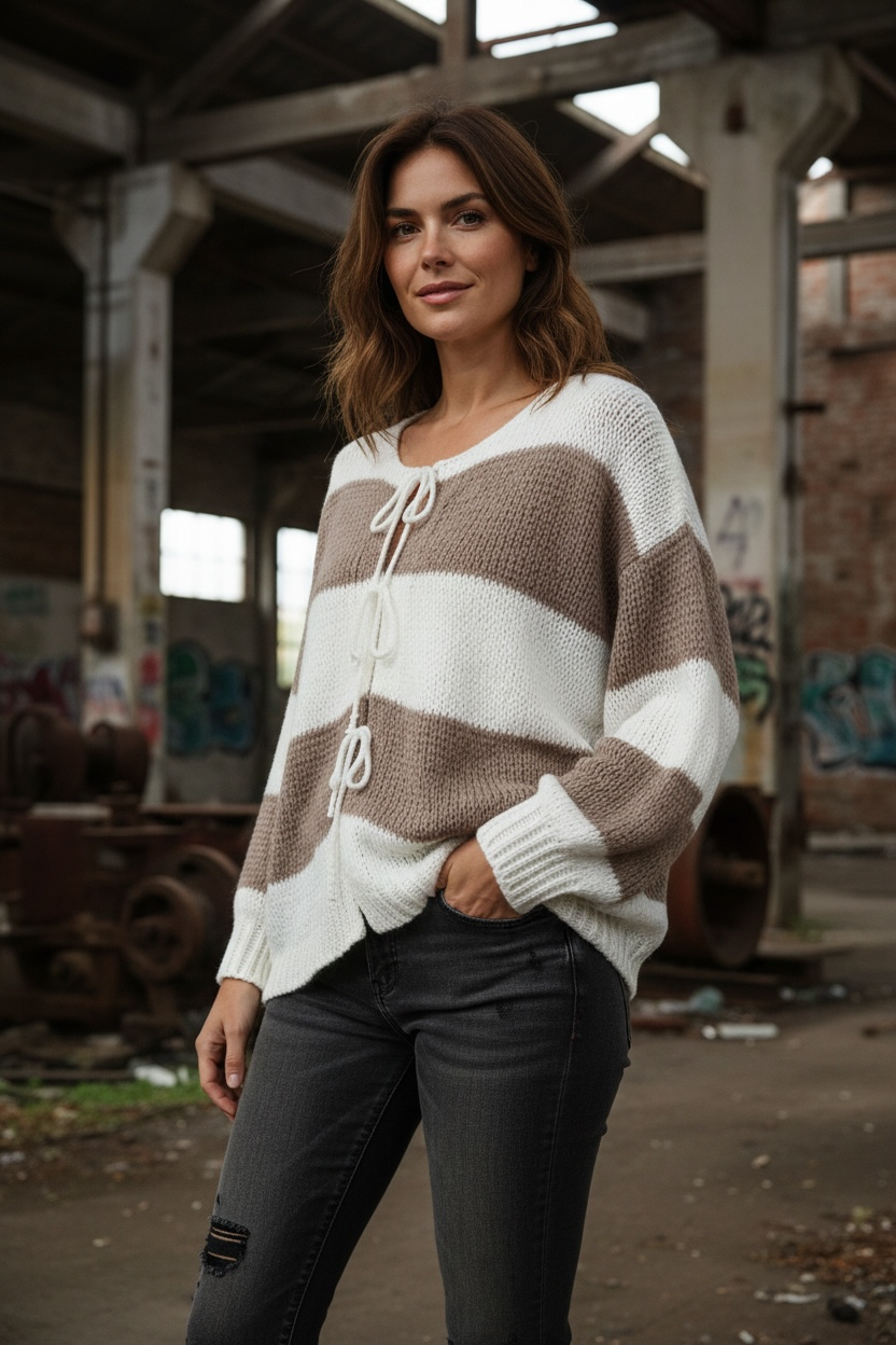 Gestreifter Rundhals Schleifen Cardigan " Lara"