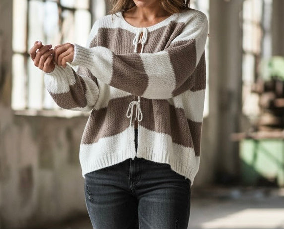 Gestreifter Rundhals Schleifen Cardigan " Lara"